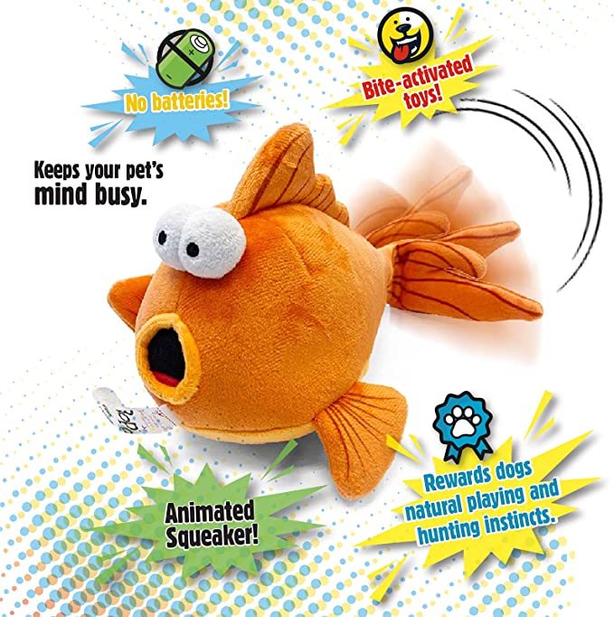 GoDog Action Plush Gold Fish With Chew Guard Technology Animated Squeaker Dog Toy