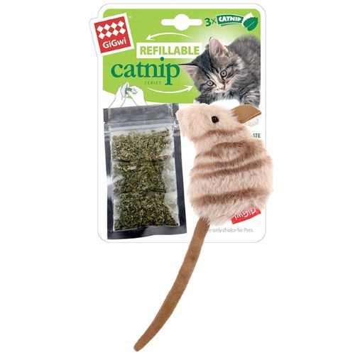 GiGwi Mouse Fluffy Plush Cat Toy with 3 Refillable Catnip Bags